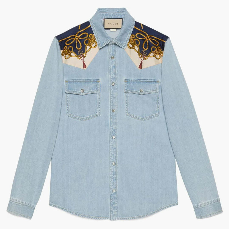 Camicia a pannelli a pannelli stampati a catena Gucci azzurro