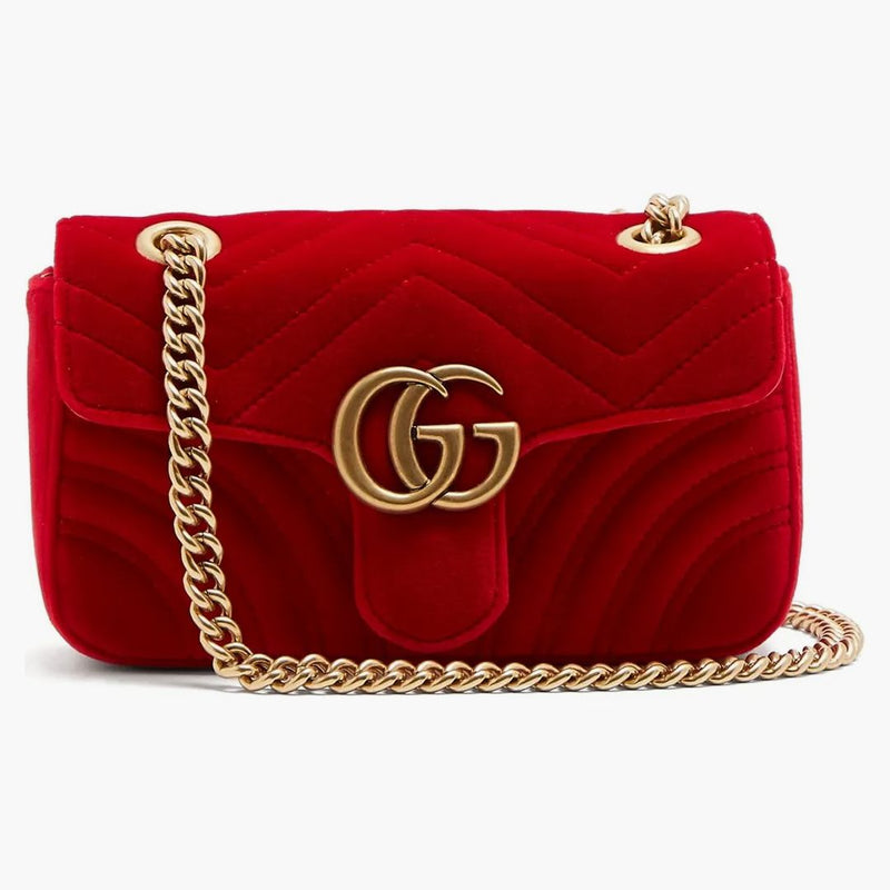 Gucci GG Marmont axelväska Matelasse Velvet Small Hibiscus Red