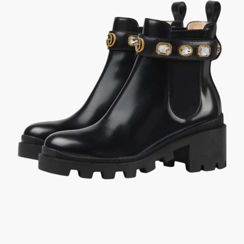 Křišťálový pás Gucci 60 mm kotníkového kotníku Černá kůže