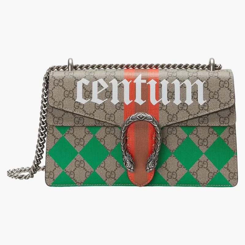Gucci Dionysus Shoulder Bag Small GG Supreme Centrum Rhombus Print Camel/Ebony/Multi