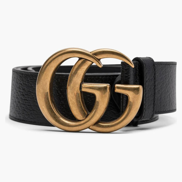 Gucci Doble G Gold Buckle Textured Cuero Cinturón 1.5 Ancho Negro