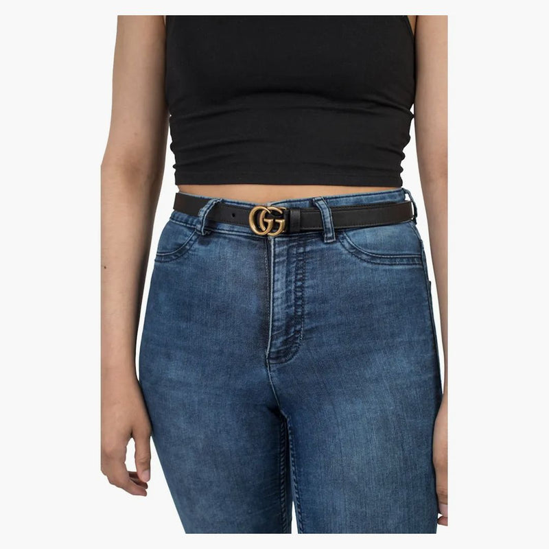 Gucci Doble G Cinturón de cuero delgado Hebilla de latón antiguo 0.8 Ancho Negro