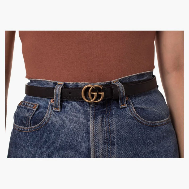 Gucci Doble G Cinturón de cuero delgado Hebilla de latón antiguo 0.8 Ancho Negro