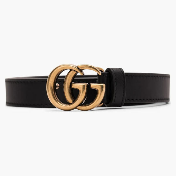 Gucci Doble G Cinturón de cuero delgado Hebilla de latón antiguo 0.8 Ancho Negro