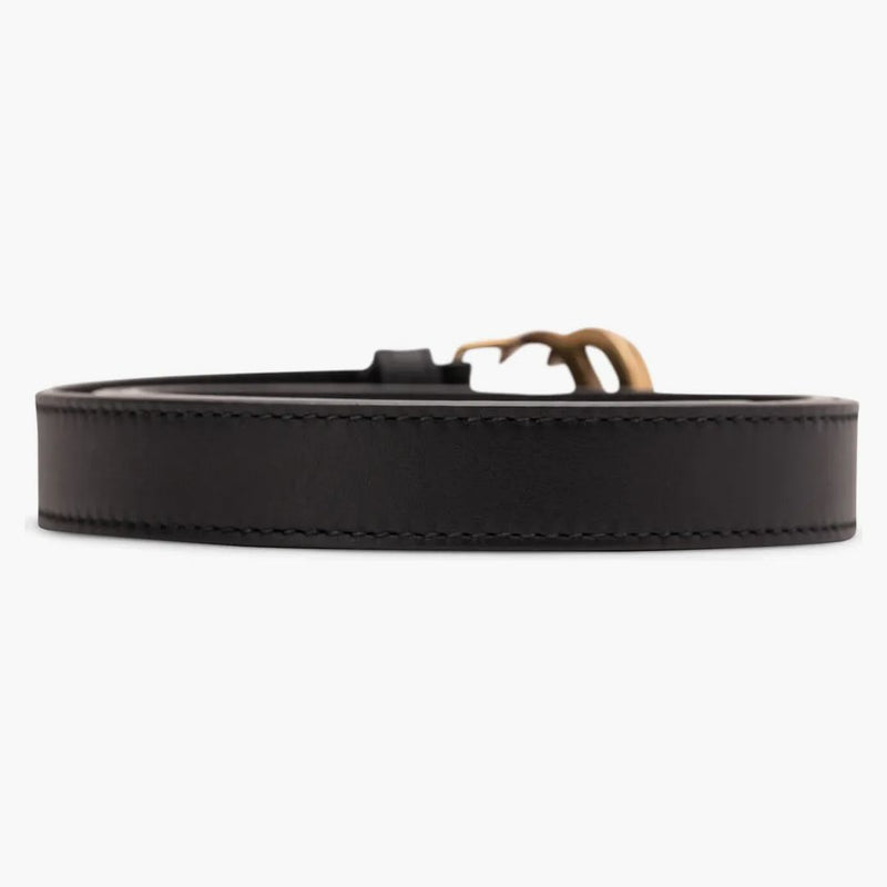 Gucci Doble G Cinturón de cuero delgado Hebilla de latón antiguo 0.8 Ancho Negro