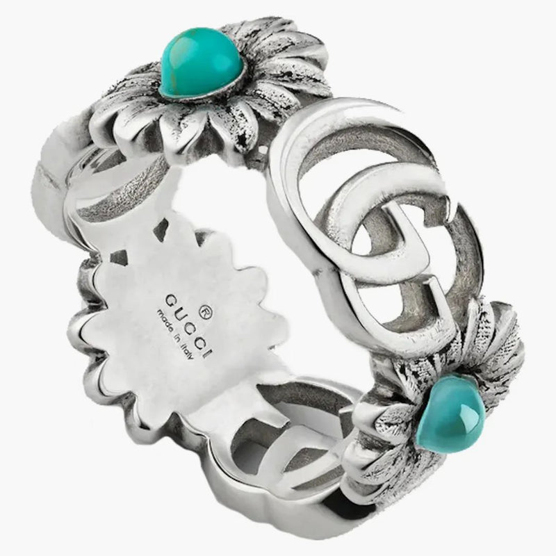 Gucci Double G Flower Ring Blue Topaz Stones Silver