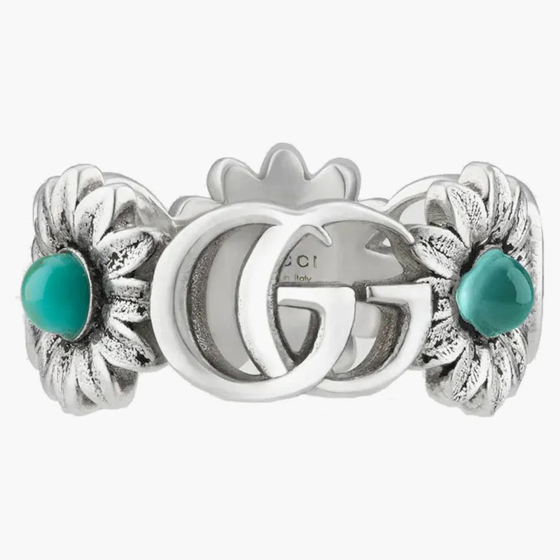 Gucci Double G Flower Ring Blue Topaz Stones Silver