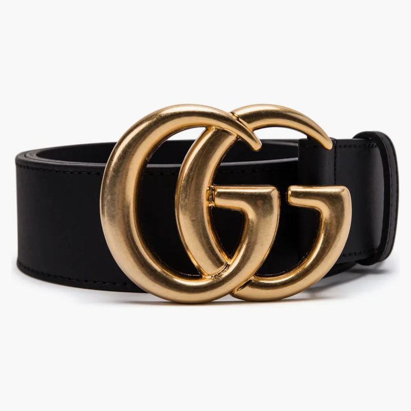 Gucci Double G Wide Leather Belt Antique Brass Buckle 1.5 Width Black