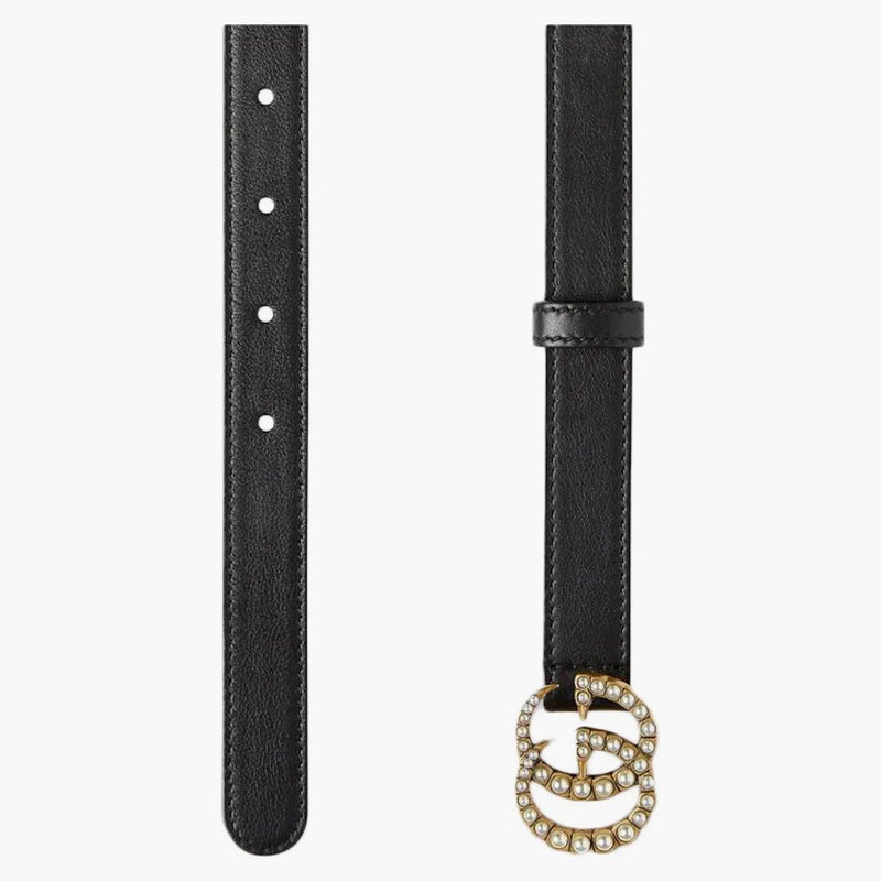 Gucci Doble G Cinturón de cuero delgado Hebilla de perla 0.8 ancho negro