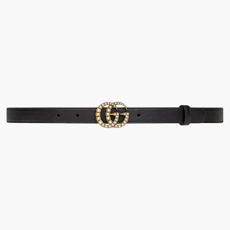 Gucci Doble G Cinturón de cuero delgado Hebilla de perla 0.8 ancho negro