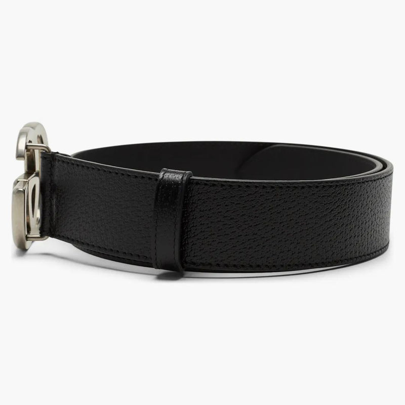 Gucci Double G Silver Buckle Textured Leather Belt 1.5 Width Black
