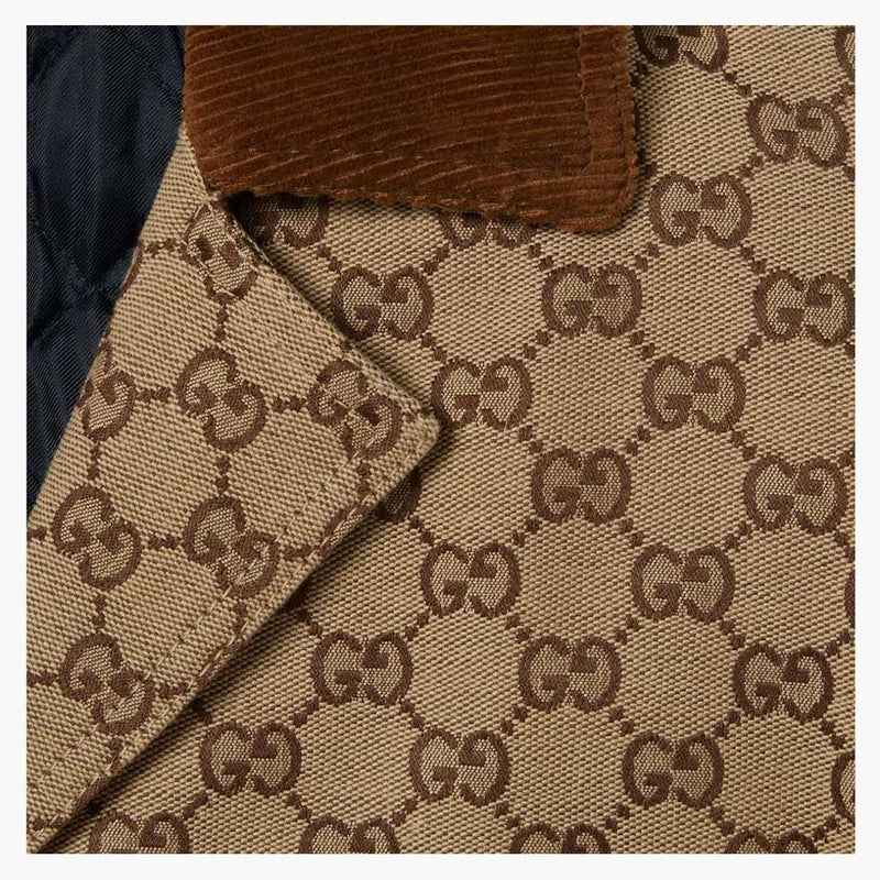 Gucci Crystals Embroidered Gg Canvas Coat Beige/dark Brown