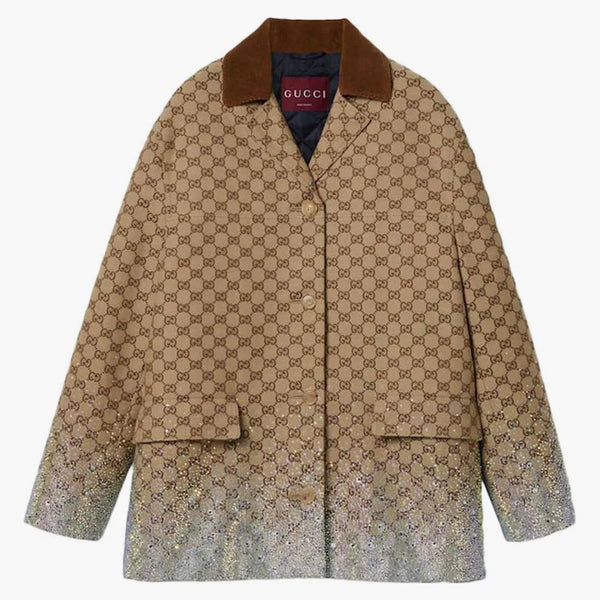 Gucci Crystals Embroidered GG Canvas Coat Beige/Dark Brown