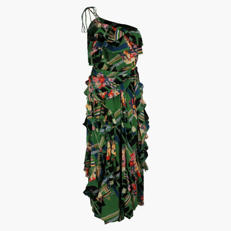 Gucci Floral Check-Print Ruffled Silk-Creepe Dress Green Black