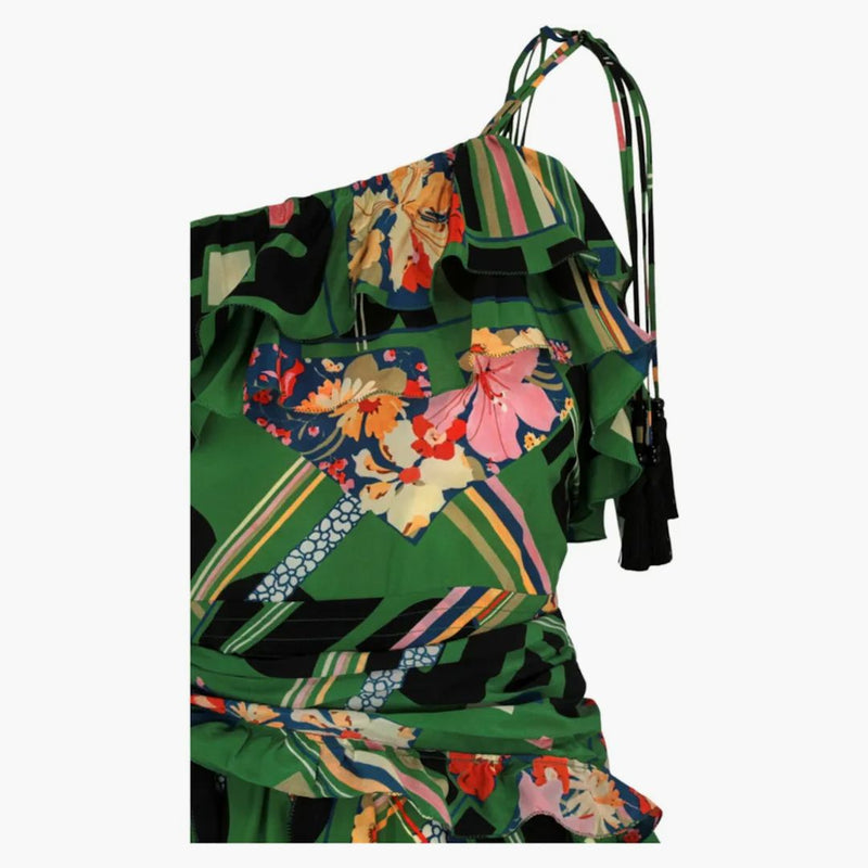 Gucci Floral Check-Print Ruffled Silk-Creepe Dress Green Black