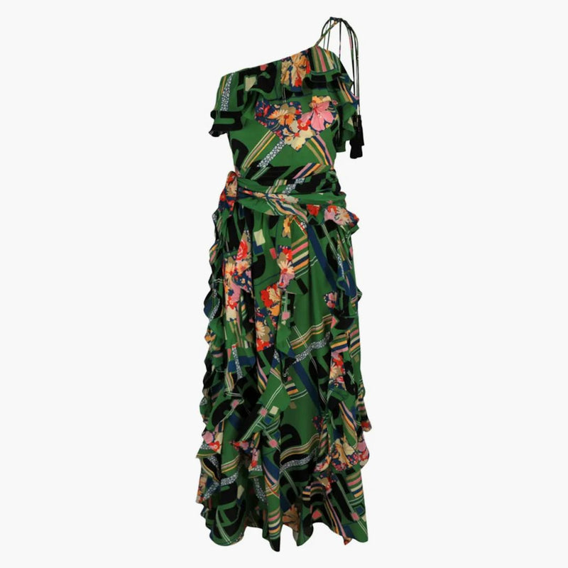 Gucci Floral Check-Print Ruffled Silk-Creepe Dress Green Black