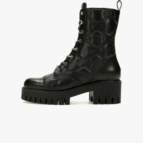 Gucci Gg 70mm Quilted Lace Up Boots Black Leather