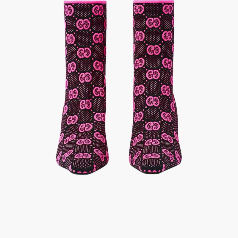 Gucci GG 75mm Knit Ankle Boots Black Fluorescent Pink Fabric