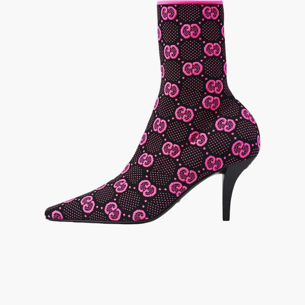 Gucci GG 75mm Knit Ankle Boots Black Fluorescent Pink Fabric