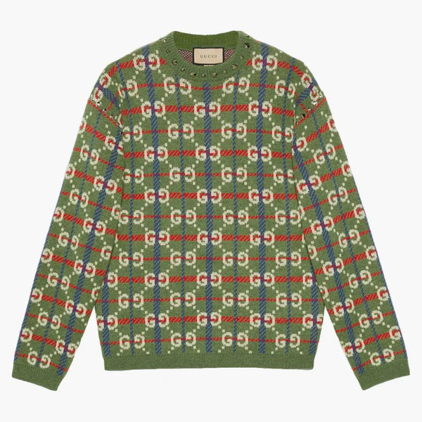 Gucci GG Kontrollera stickad ulltröja grön/blå/vit/röd