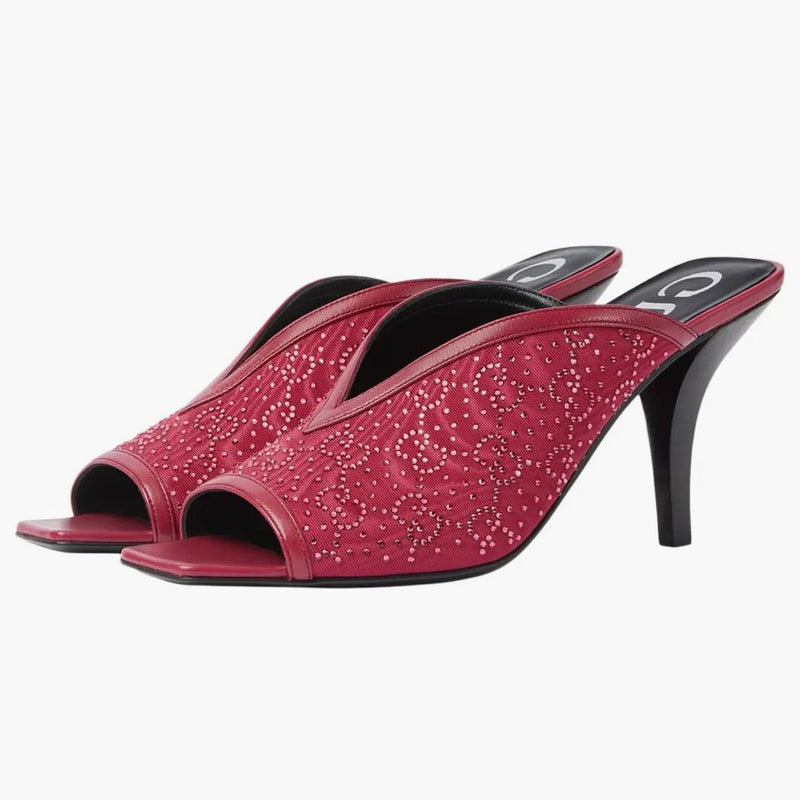 Gucci Gg Crystal 75mm Heeled Sandal Cherry Red Moire Fabric
