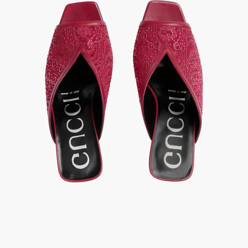 Gucci Gg Crystal 75mm Heeled Sandal Cherry Red Moire Fabric