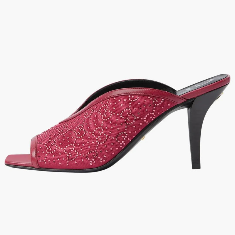 Gucci Gg Crystal 75mm Heeled Sandal Cherry Red Moire Fabric