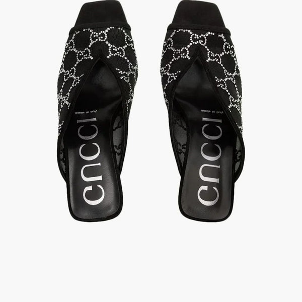 Gucci GG Crystal 75mm Heeled Sandal Black Mesh