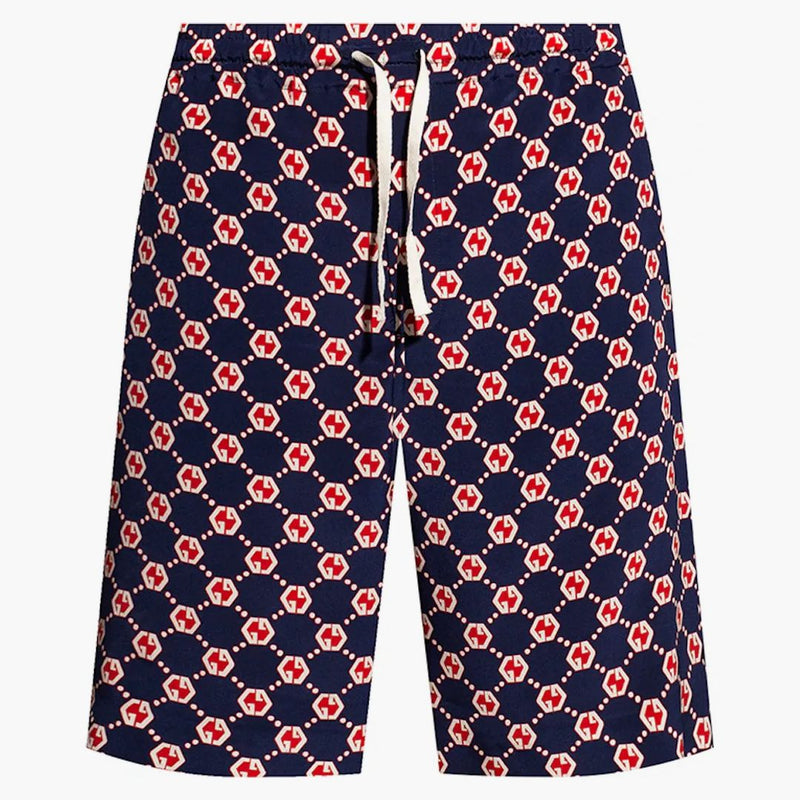 Gucci GG Hexagon Silk Crepe Shorts Blue/Ivory/Red
