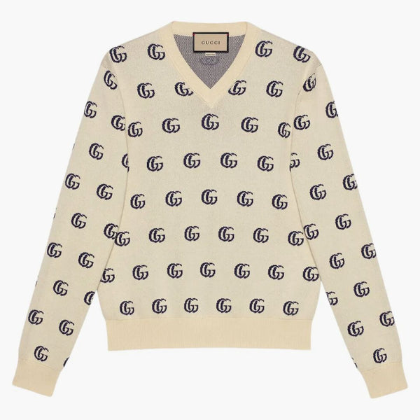 Gucci GG GG Knit Cotton Jacquard Jumper Ivory/Blue
