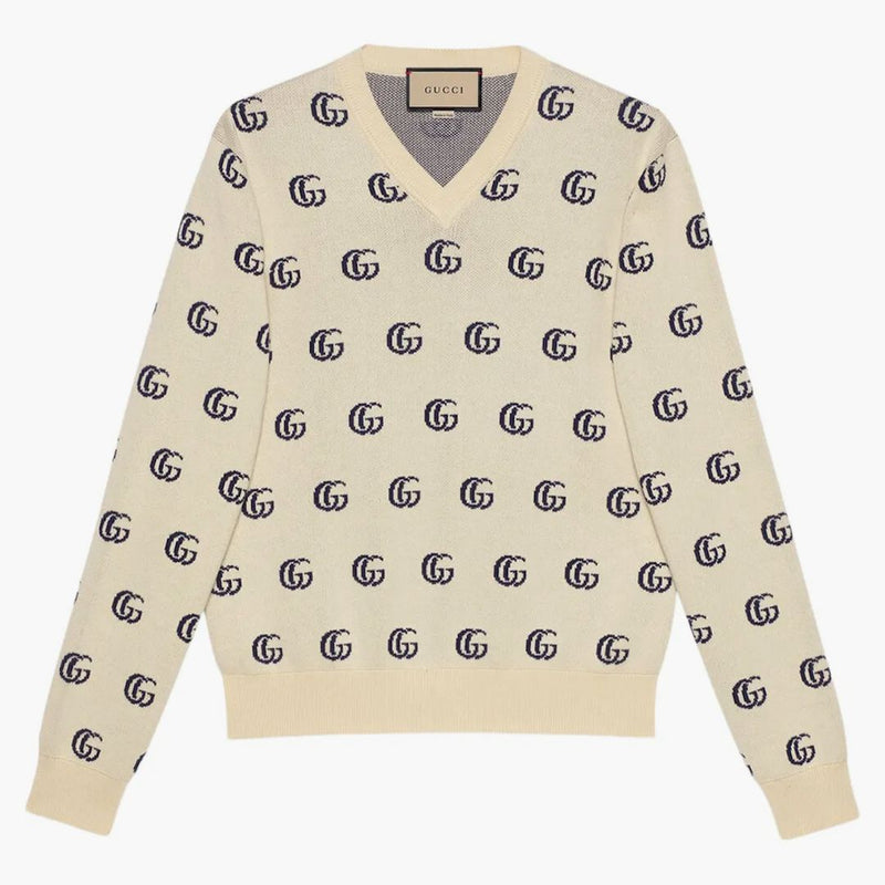 Gucci GG GG Knit Cotton Jacquard Jumper Ivory/Blue