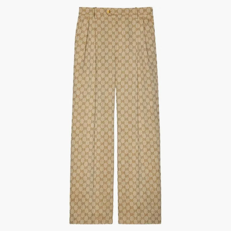 Gucci Gg Linen Cotton Jacquard Trousers Beige