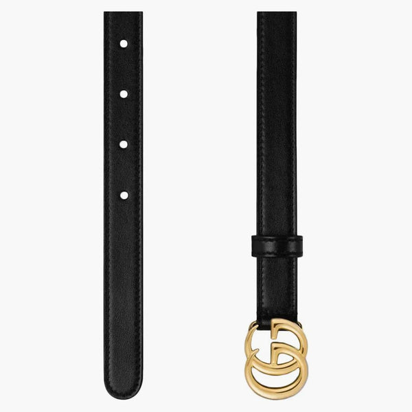 Gucci GG Marmont Cinturón de cuero delgado con hebilla brillante .8 ancho negro