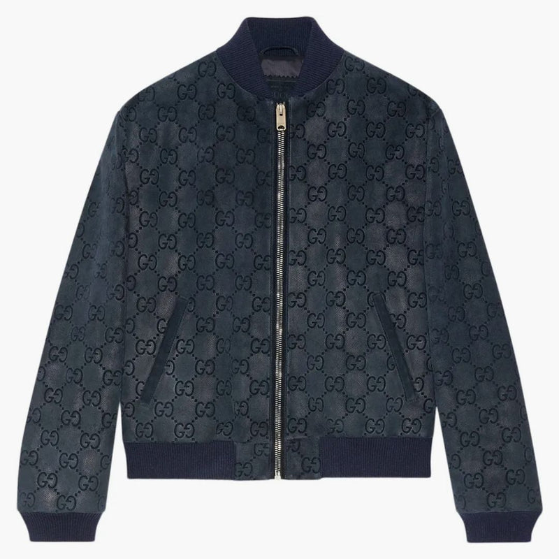 Gucci Gg Printed Suede Bomber Jacket Navy