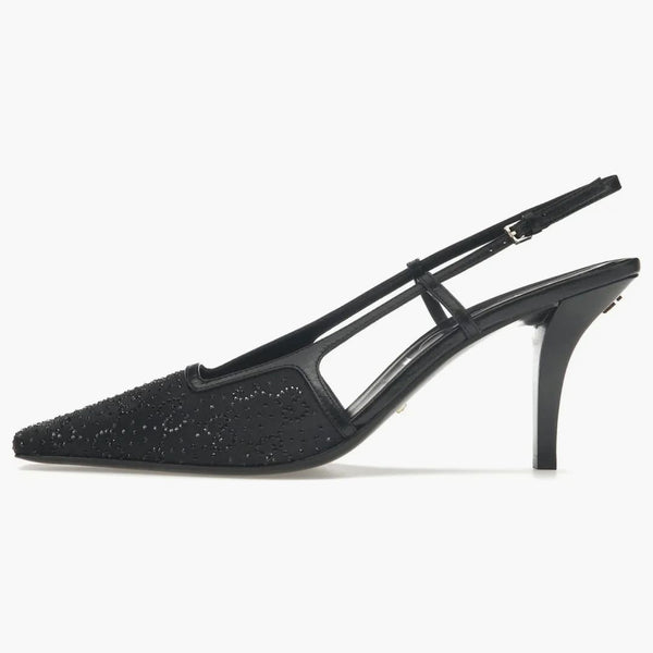 Gucci GG Slingback 75mm Pump Black Moire Fabric GG Crytsal Applique