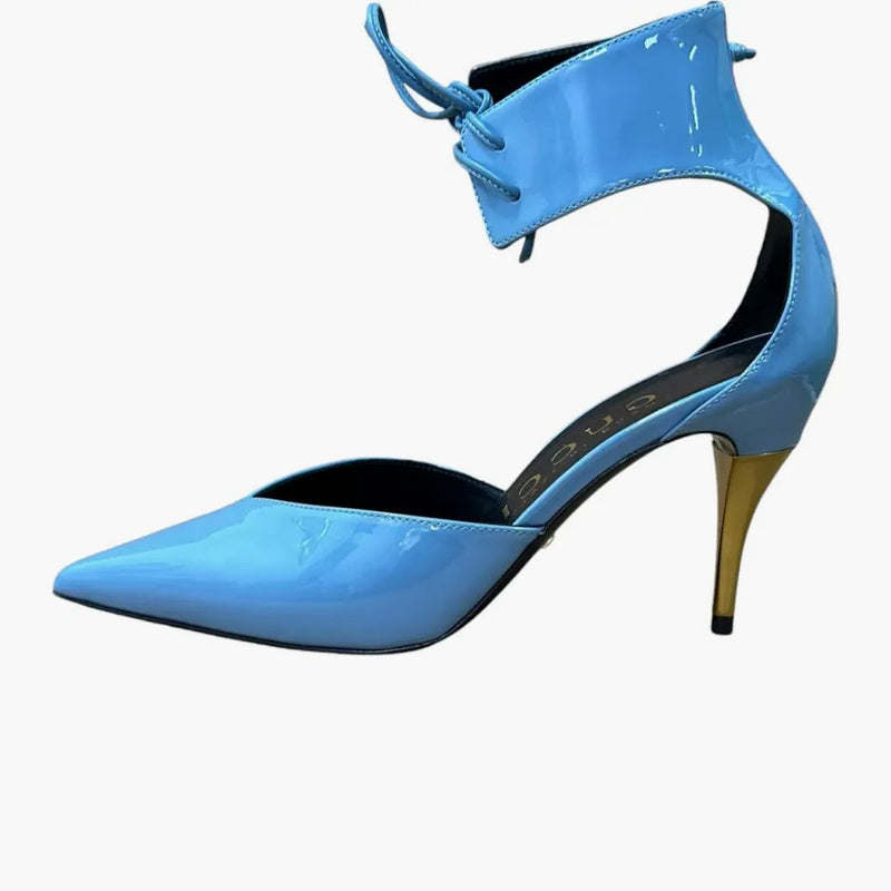 Gucci High Heel Pump Patent Leather With Ankle Cuff Blue (women's)