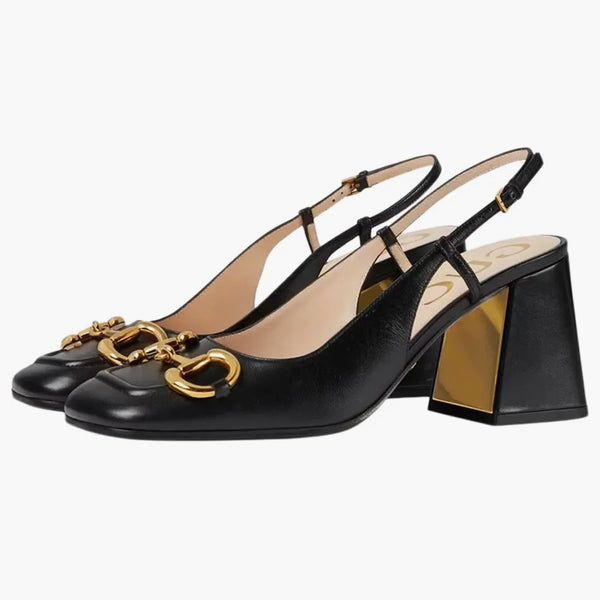 Gucci Horsebit 75mm Heeled Slingback Black Leather