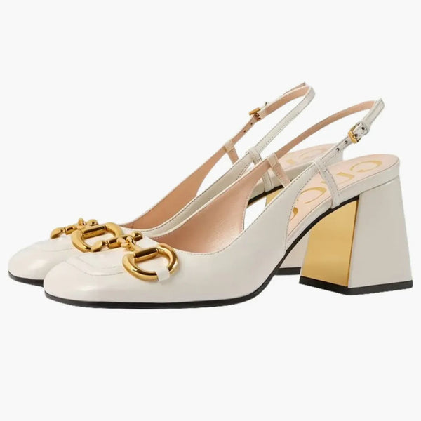 Gucci Horsebit 75mm Heeled Slingback White Leather