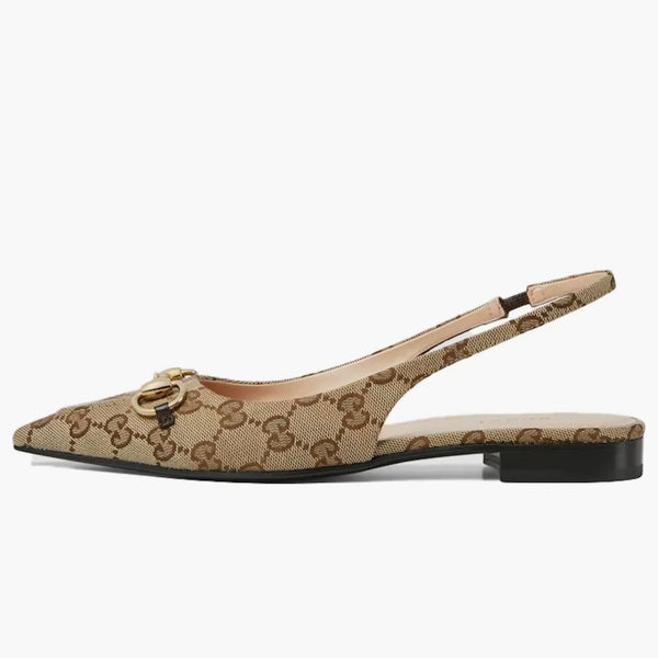 Gucci Horsebit Slingback Flat Beige GG Canvas (Dámské)