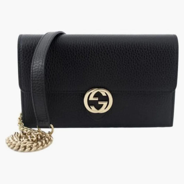 Gucci Interlocking Chain Wallet Pebbled Leather Black