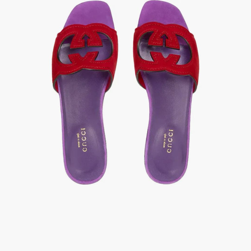 Gucci Interlocking G Cut Slide Sandal Red Purple Suede