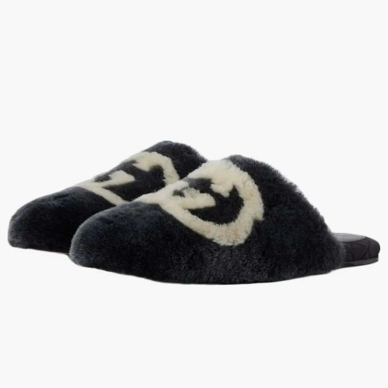 Gucci Interlocking G Faux-Fur Slipper Black White (Dámské)