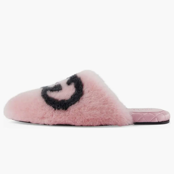 Gucci Interlocking G Faux-fur Slippers Pink Black (women's)