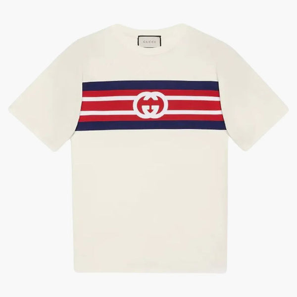 Gucci blokowanie g-shirt w paski z kości słoniowej/granat/czerwony