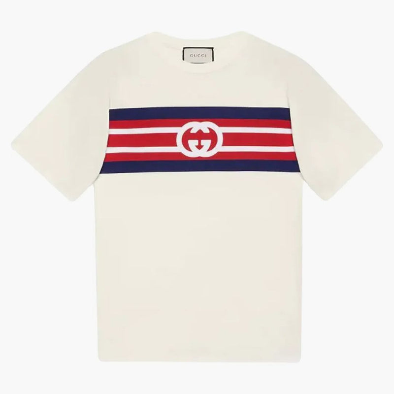 Gucci blokowanie g-shirt w paski z kości słoniowej/granat/czerwony