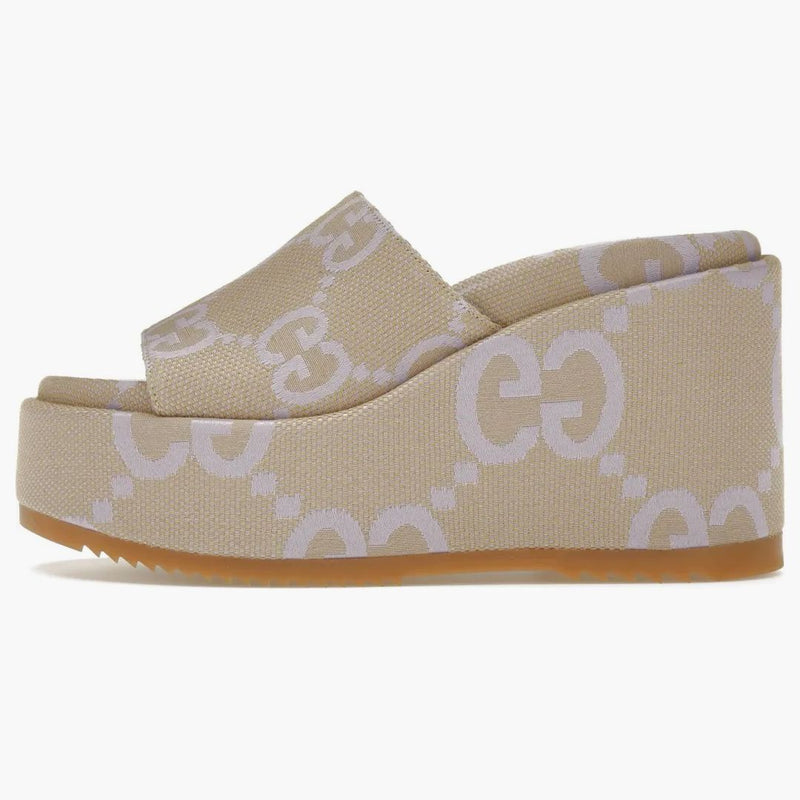 Gucci jumbo gg platform slide sandal beige light blue canvas