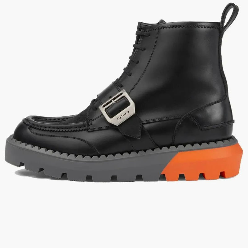 Gucci Lace Up Boot Buckle Black Orange