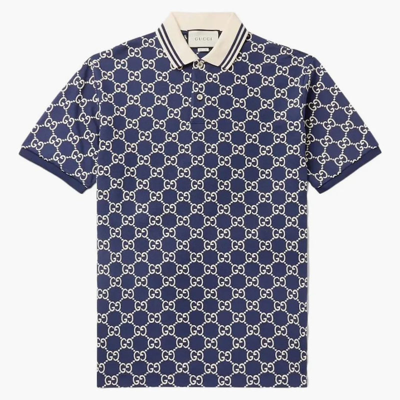 Logo Gucci-Embroidered Cotton Blend Polo Navy