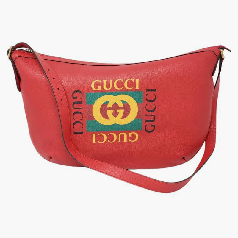 Gucci Logo Half Moon Hobo Shoulder Bag Hibiscus Red
