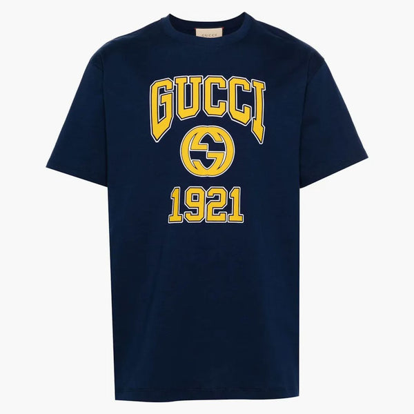 Logo Gucci Drukuj T-shirt granatowy
